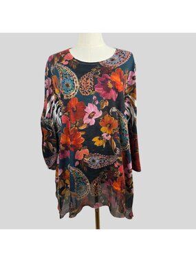 Jess & Jane Top XL Floral Paisley Print Tunic Dark Green Whimsigoth Boho Artsy